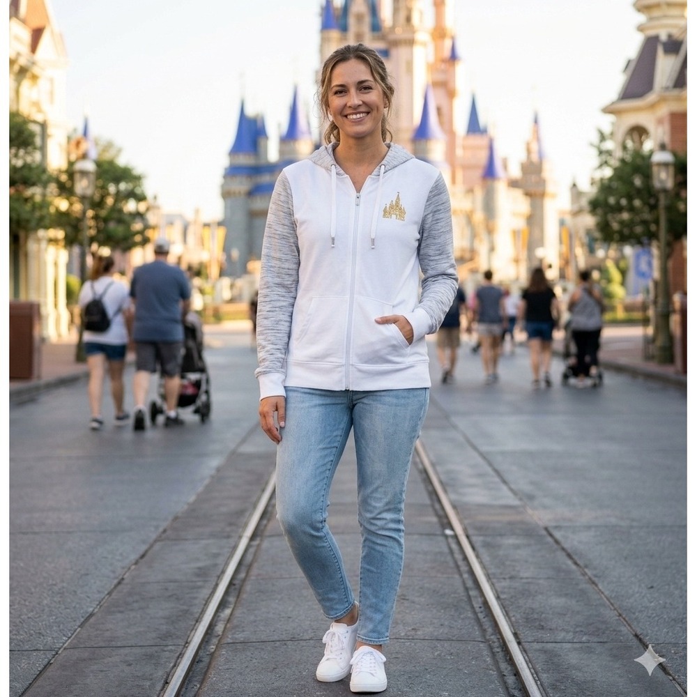 Disney Parks Zip Hoodie White Gray Castle Mickey Women Large